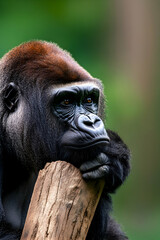 Obraz premium Thoughtful gorilla resting on log
