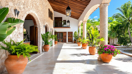 Naklejka premium Tranquil, sun-drenched courtyard with arches and lush greenery