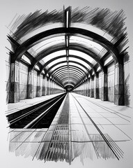 Underground subway station building design in sketch hand drawing black and white on plain white background