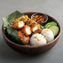 Crispy fried chicken with rice and dipping sauce