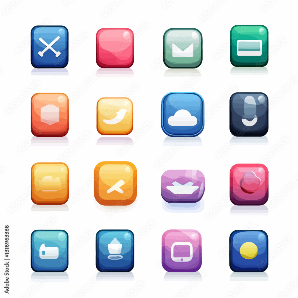 Poster set of colorful shiny app icons with various symbols and reflections