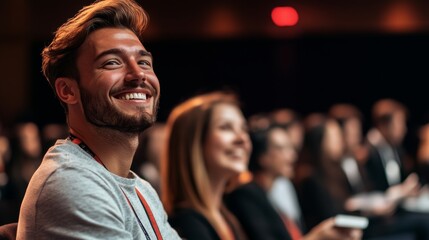 Obraz premium Man and woman are sitting in a crowd of people, smiling and enjoying the event. The atmosphere is lively and positive, with everyone in the audience engaged and happy