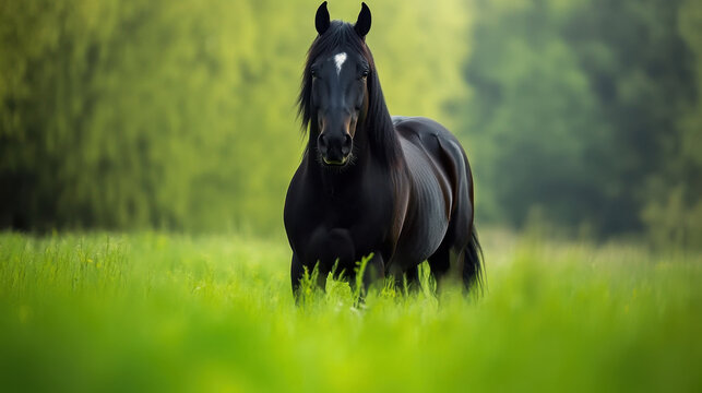 beautiful black horse standing gracefully in lush green field, surrounded by nature tranquility. horse majestic presence captures essence of freedom and strength