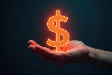 A glowing dollar sign rests gently in a waiting hand , glowing, sign