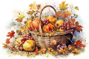 exquisite autumn still life with grapes, apples and autumn leaves., watercolor style, Generative AI