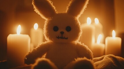 Scary easter bunny, Cuddly bunny toy surrounded by glowing candles, creating a warm and cozy ambiance, perfect for a serene atmosphere.