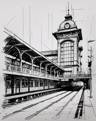 Urban train station with platform building design in sketch hand drawing black and white on plain white background
