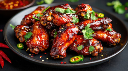 Fototapeta premium Delicious plate of glazed chicken wings garnished with herbs and spices, perfect for savory meal or party snack