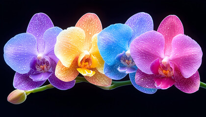 Vibrant orchid blossoms in rainbow hues, glistening with water droplets