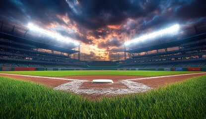 A professional baseball stadium with lights shining down on the field, lush grass in front of home plate