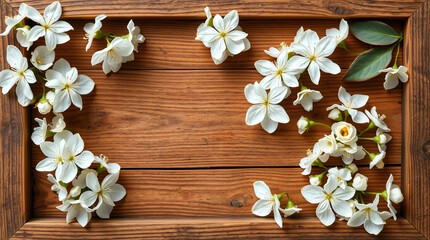 Fototapeta premium White blossoms wooden background frame