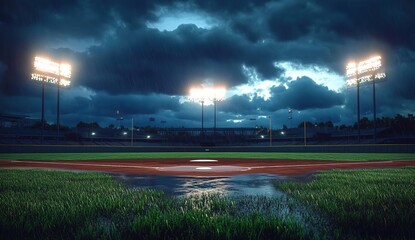 A professional baseball stadium with lights shining down on the field, lush grass in front of home plate