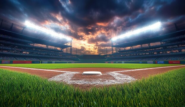 A professional baseball stadium with lights shining down on the field, lush grass in front of home plate
