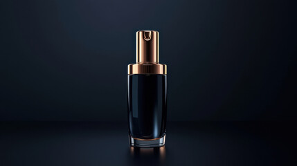 sleek black cosmetic bottle with gold cap, elegantly displayed against dark background, exuding luxury and sophistication