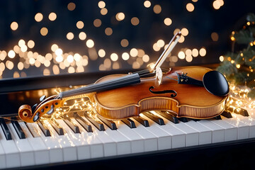 Fototapeta premium Violin and piano keys with festive lights