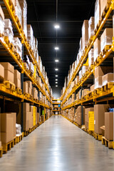 Fototapeta premium Warehouse interior, filled with stacked cardboard boxes on yellow metal shelves