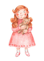 Cute little girl in pink dress with toy. Watercolor cartoon illustration of princess with teddy bear isolated on white background. Hand-drawn children  birthday greeting card template 