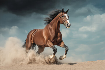 Obraz premium A Majestic Chestnut Horse Galloping Through an Expansive Grassland Under a Clear Blue Sky with Mountains in the Background