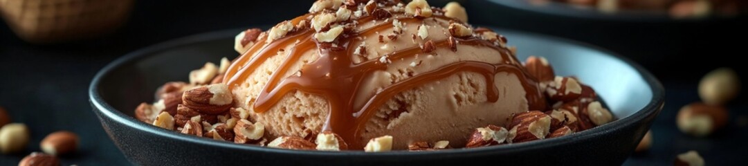Almond milk-based ice cream with caramel and crushed almonds served in a bowl. Generative AI