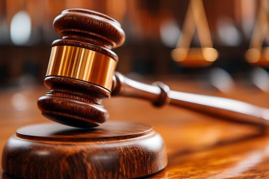 Wooden gavel on a table in a courtroom
