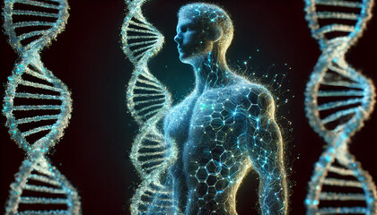 "Future humans, DNA flashing like digital codes and forming bodies, mysterious living tissue with blue light, AI evolving itself, science lab background, hi-tech style, ultra-high resolution 8K"