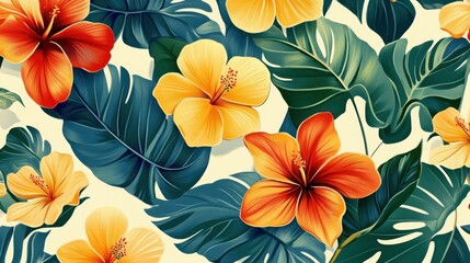 Fototapeta premium Diseño fondo tropical flores hibisco