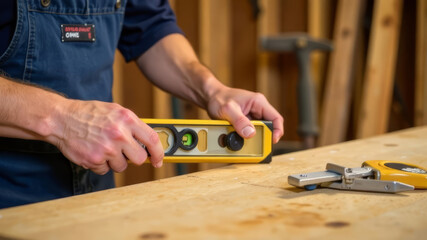 A carpenters hands gripping a precise level tool, highlighting the craftsmanship. The backdrop displays wooden beams and tools