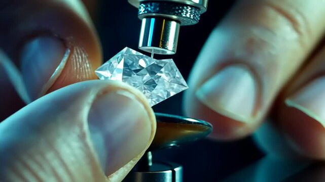 Close-up of hands inspecting a diamond under a microscope in a gemological lab setting