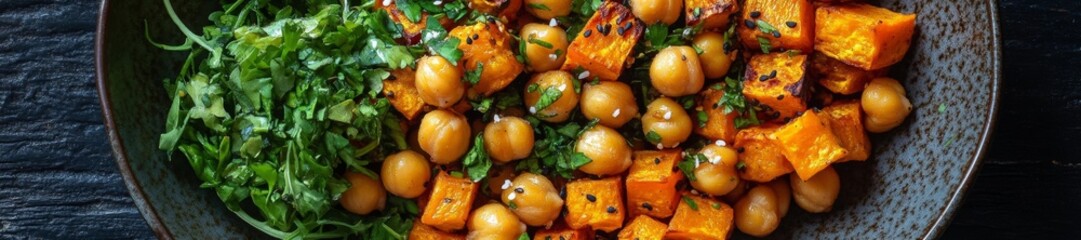 A plate of roasted sweet potatoes chickpeas and fresh greens served together in a bowl. Generative AI