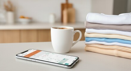 Smartphone with app, coffee cup, and folded clothes on table in cozy kitchen setting