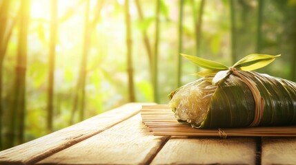 Obraz premium Traditional Zongzi on Wooden Table, Symbolizing Dragon Boat Festival's Cultural Heritage and Warmth 