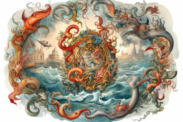 sea snakes in antique style, engraving. ,.Generative AI