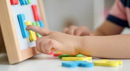 Child playing with colorful alphabet letters on board, focusing letter "E"