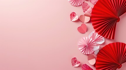 Obraz premium A heap of gentle pink and red hearts formed by Chinese paper fans are flying on a soft pink color background, serving as an eye-catching header. The delicate hearts, with their charming pink and red 