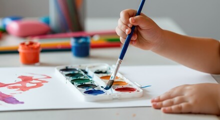 Child painting with watercolors, hand and brush close-up