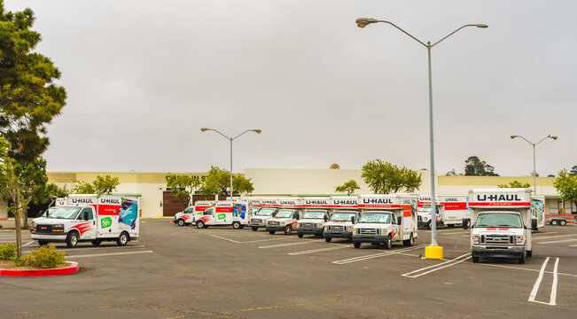  U-Haul moving van garage and parking lot. U-Haul company offers moving and storage solutions.