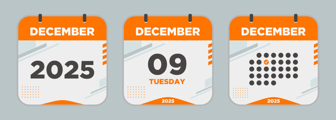 Modern Calendar icon. December. 2025 9 day. The concept of waiting for an important date. Day calendar with date December 9. Cheklist day calendar. Vector illustration.