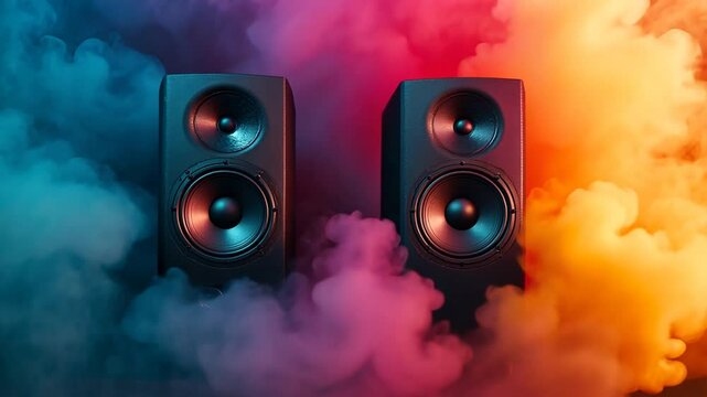 Dual speaker surround sound system with vibrant smoke and colorful background lights