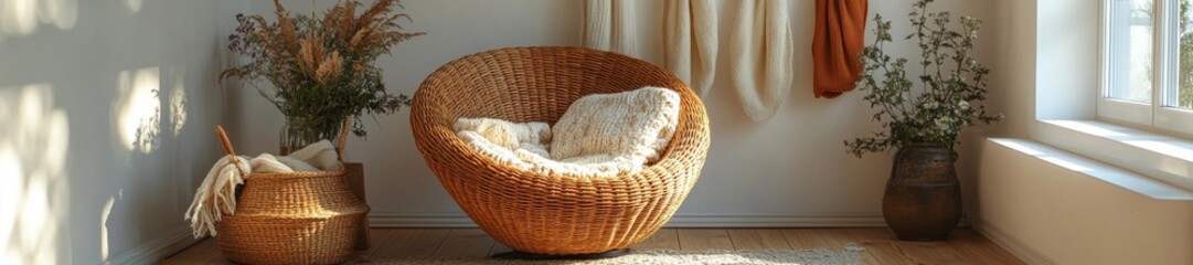 Obraz premium Stylish Wicker Chair with Natural Light and Decorative Elements. Generative AI