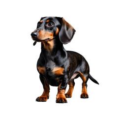 Obraz premium A Regal Black And Tan Dachshund Stands Proudly, Showcasing Its Sleek Coat And Captivating Gaze Against A Bright Isolated on Transparent Background