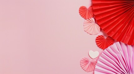 Obraz premium A heap of gentle pink and red hearts formed by Chinese paper fans are flying on a soft pink color background, serving as an eye-catching header. The delicate hearts, with their charming pink and red 