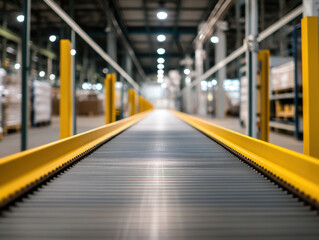 Fototapeta premium conveyor belt in warehouse, leading uphill, showcases efficient logistics system. bright lights and organized shelves create productive atmosphere