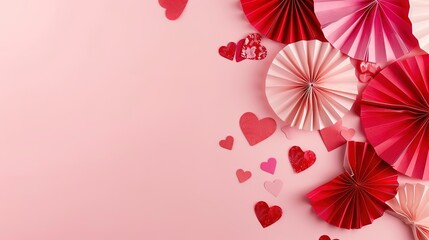 Obraz premium A heap of gentle pink and red hearts formed by Chinese paper fans are flying on a soft pink color background, serving as an eye-catching header. The delicate hearts, with their charming pink and red 