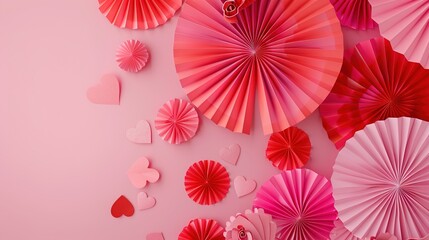 Naklejka premium A heap of gentle pink and red hearts formed by Chinese paper fans are flying on a soft pink color background, serving as an eye-catching header. The delicate hearts, with their charming pink and red 