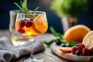Glass of fruit punch with raspberries and oranges on a table. The table is covered with a white cloth and a wooden cutting board