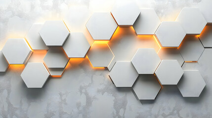 Abstract 3D illustration of glowing white hexagons on a textured background