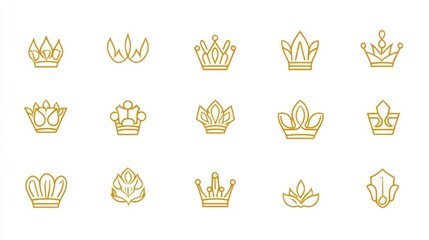 Golden crown line art icons; design elements; white background; royalty