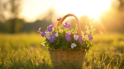 Naklejka premium Pastel Easter egg basket with spring flowers, radiating warmth and joy in soft sunlight. 