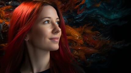 Red-haired woman looking up with dreamy cosmic swirl background