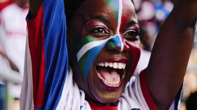Joyful Gambian sports fan with colorful face paint cheering at a stadium  
